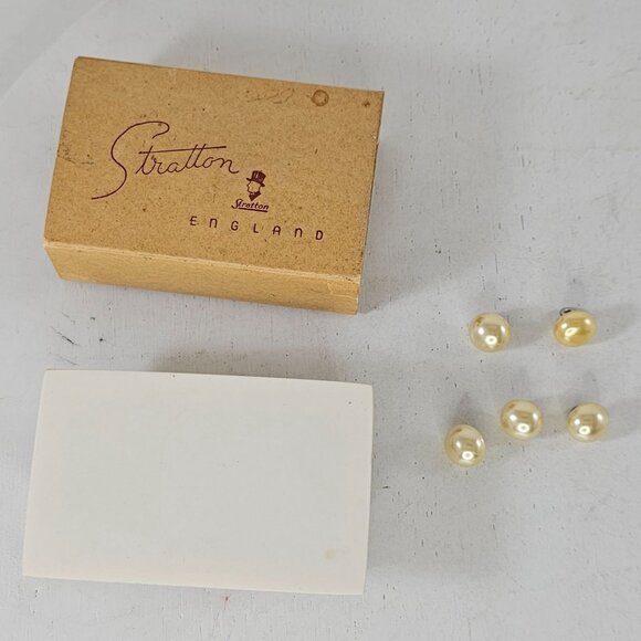 Vintage Stratton 10-Year Plate Gold Filled Fronts Faux Pearl Buttons With Box - Picture 6 of 8